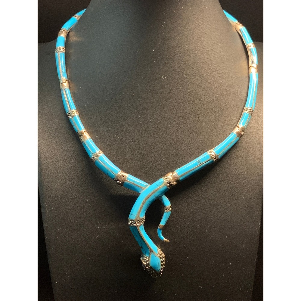 Vintage 925 Turquoise Collar Necklace Snake Marcasite Red Eyes Articulated READ